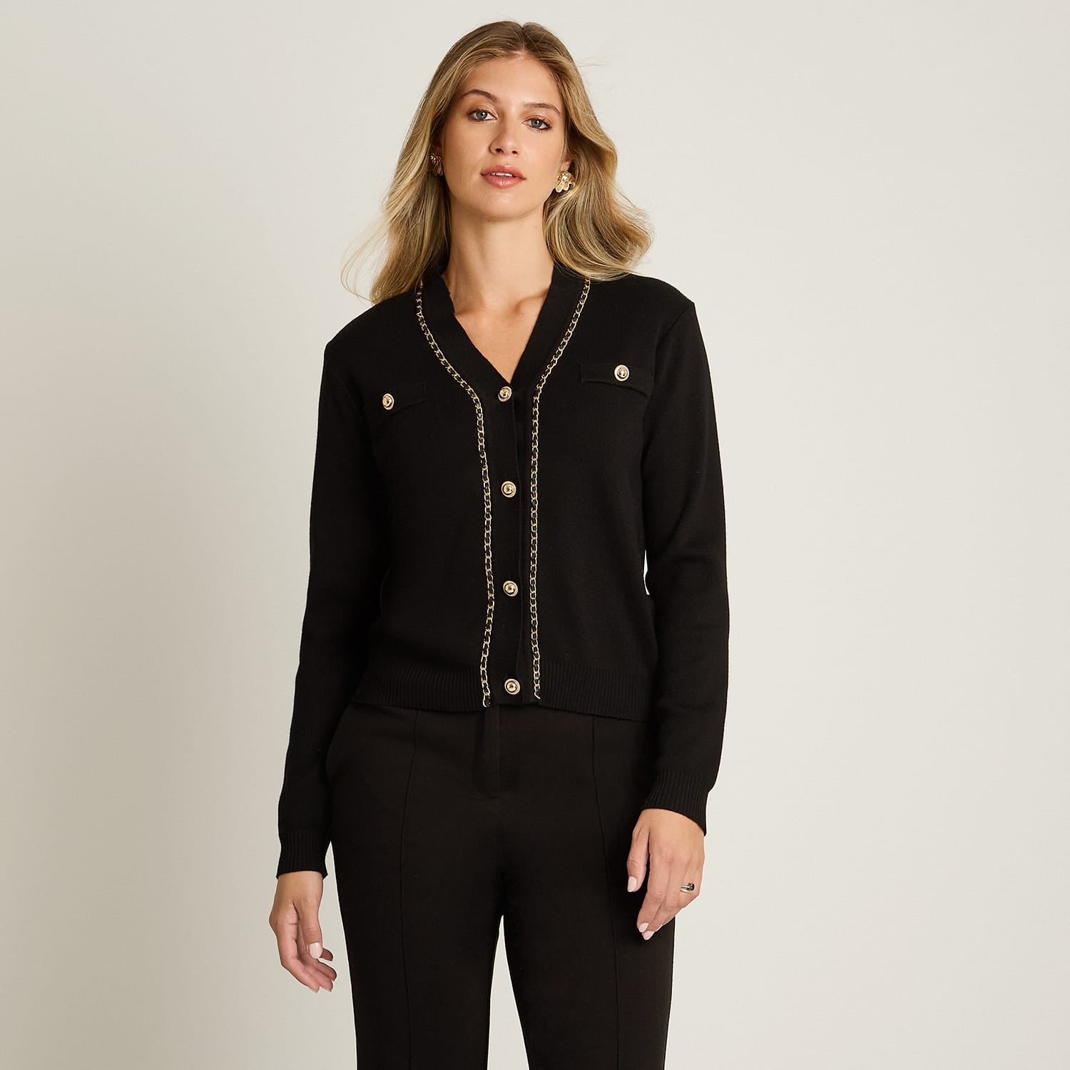 Cardigan Negro Manga Larga Elasticidad Media Sin Forro Calce Normal Tela Tejido